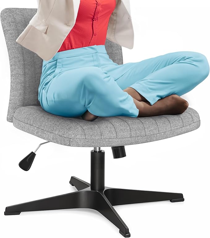 Criss Cross Chair - Wide Armless Desk Chair No Wheels, Cross Legged Office Chair, Adjustable Modern 360 Swivel Vanity, Fabric Padded,120° Rocking Ergonomic Mid Back Computer Task Chair - Grey - LeafyLoom