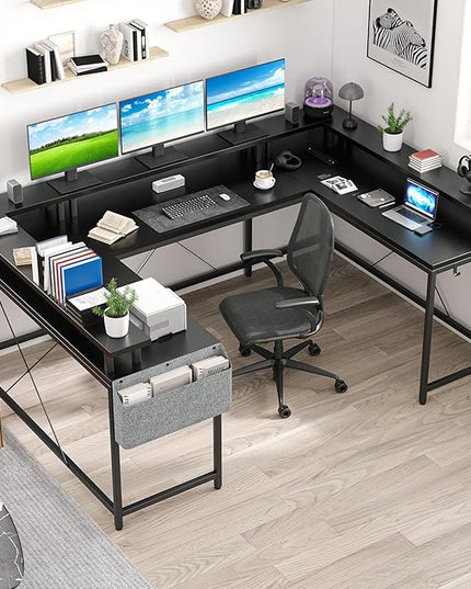 U Shaped Computer Gaming Desk, Reversible L Shaped Desk with Power Outlets, LED Strip & Monitor Stand, Large Corner Desk with Storage Shelves for Home Office, Black - LeafyLoom