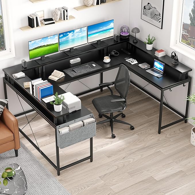 U Shaped Computer Gaming Desk, Reversible L Shaped Desk with Power Outlets, LED Strip & Monitor Stand, Large Corner Desk with Storage Shelves for Home Office, Black - LeafyLoom