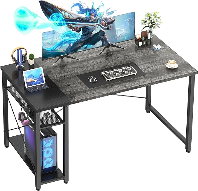 47.2'' Gaming Desk, 47 Inches Computer Desk with Storage, Small Desk for Small Space, Simple Study Student Writing Desk, Laptop Table for Home Office, Grey and Black - LeafyLoom