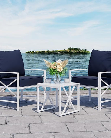 Shintenchi 3 Piece White Metal Outdoor Furniture Sectional Set, Modern Outdoor Metal Chair Conversation Furniture Set with Coffee Table for Patio,Backyard,Balcony (Dark Blue) - LeafyLoom