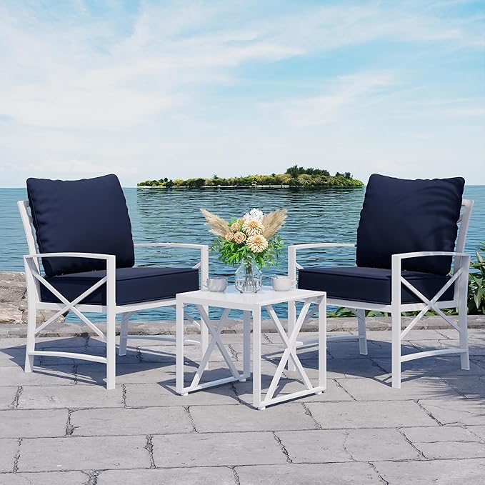 Shintenchi 3 Piece White Metal Outdoor Furniture Sectional Set, Modern Outdoor Metal Chair Conversation Furniture Set with Coffee Table for Patio,Backyard,Balcony (Dark Blue) - LeafyLoom