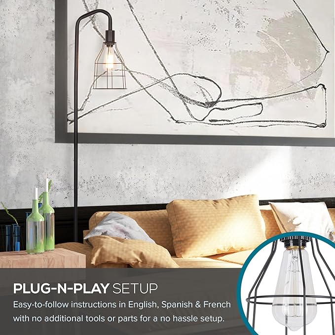 Catalina Lighting 24289-000 Modern Floor Lamp with Caged Shade for Office, Living Room, Dorm or Bedroom, Smart Home Compatible, Bulb Not Included, 60", Black - LeafyLoom