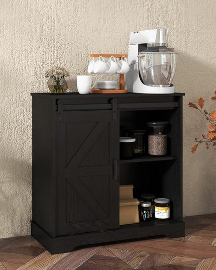 Panana Sliding Barn Door Buffet Sideboard Storage Cabinet Coffee Bar Kitchen Farmhouse Style (Black) - LeafyLoom