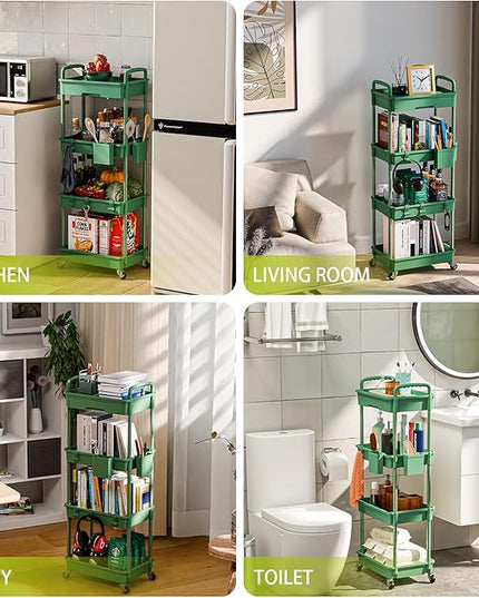 4 Tier Small Rolling Cart Organizer,Art Craft Diaper Bedside Snack Cart Laundry Room Bathroom Organizer Narrow Thin Slim Rolling Trolley Utility Cart with Wheels for Kitchen,Office(Green) - LeafyLoom