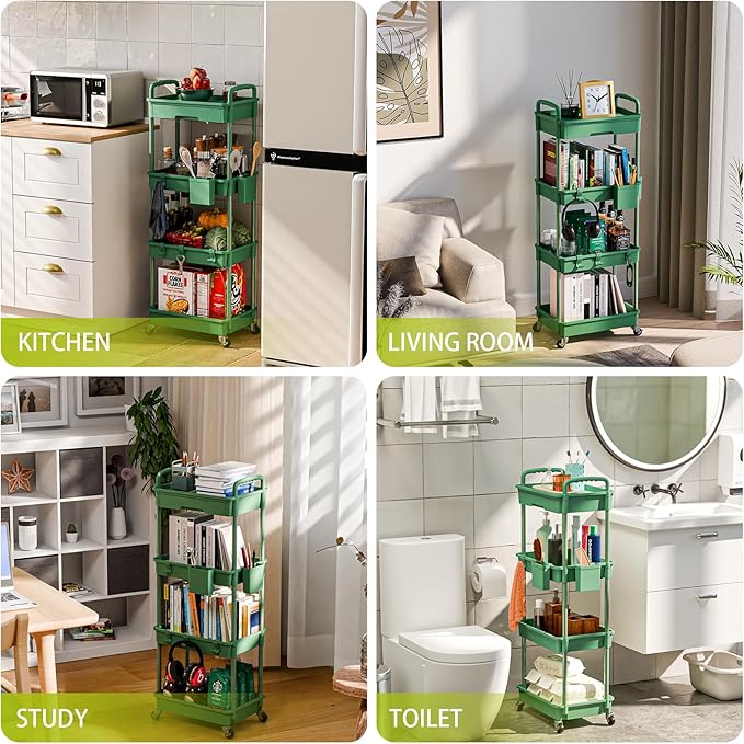 4 Tier Small Rolling Cart Organizer,Art Craft Diaper Bedside Snack Cart Laundry Room Bathroom Organizer Narrow Thin Slim Rolling Trolley Utility Cart with Wheels for Kitchen,Office(Green) - LeafyLoom