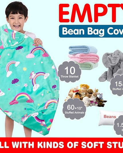 Lukeight Unicorns Stuffed Animal Storage Bean Bag Chair Cover for Kids, Unicorns Zipper Beanbag Chair Cover for Organizing Toddler & Kids' Rooms Plush Toys (Rainbow Green, Large) - LeafyLoom