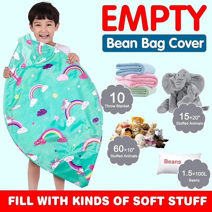 Lukeight Unicorns Stuffed Animal Storage Bean Bag Chair Cover for Kids, Unicorns Zipper Beanbag Chair Cover for Organizing Toddler & Kids' Rooms Plush Toys (Rainbow Green, Large) - LeafyLoom