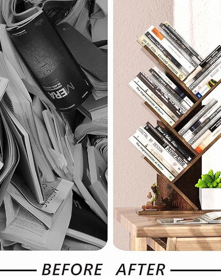 5 Tier Small Tree Bookshelf Desk Book Organizer Narrow Bookcases for Books Magazines CDs Free Standing Retro Wooden Storage Shelves for Home Office Bedroom Living Room Rustic Brown - LeafyLoom