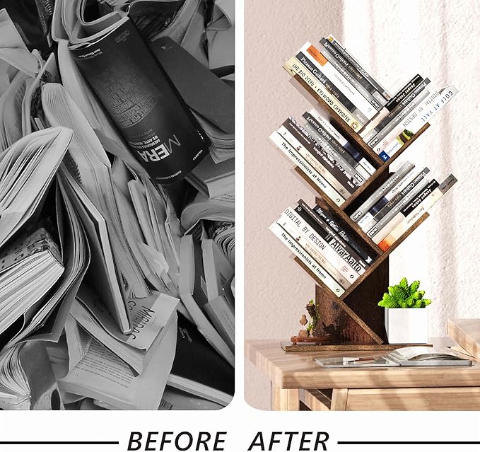5 Tier Small Tree Bookshelf Desk Book Organizer Narrow Bookcases for Books Magazines CDs Free Standing Retro Wooden Storage Shelves for Home Office Bedroom Living Room Rustic Brown - LeafyLoom