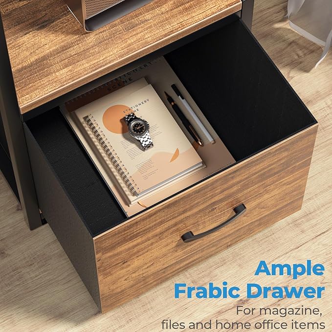 GreenForest 69 inch L Shaped Computer Desk with Drawers and Printer Stand, Gaming Desk with Power Outlet, Monitor Shelf, Storage Shelves and Hooks for Home Office Working, Writing, Studying, Walnut - LeafyLoom