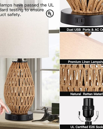 Touch Control Rattan Table Lamps, 3 Way Dimmable Bedside Lamps for Bedroom Set of 2 with 2 USB Ports and AC Outlet, Wicker Nightstand Lamps for Living Room (LED Bulbs Included) - LeafyLoom