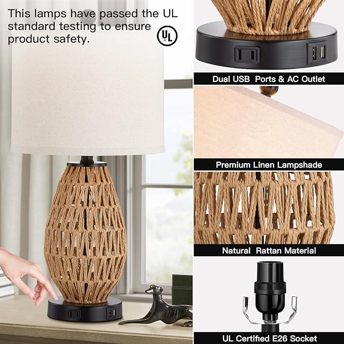 Touch Control Rattan Table Lamps, 3 Way Dimmable Bedside Lamps for Bedroom Set of 2 with 2 USB Ports and AC Outlet, Wicker Nightstand Lamps for Living Room (LED Bulbs Included) - LeafyLoom