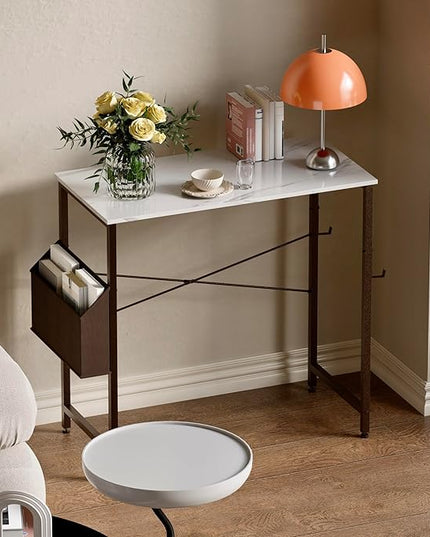 Pamray 32 Inch Computer Desk Small Spaces Desk with Storage Bag for Bedroom Writing and Home Office Work Small Study Desk Table White Marble - LeafyLoom