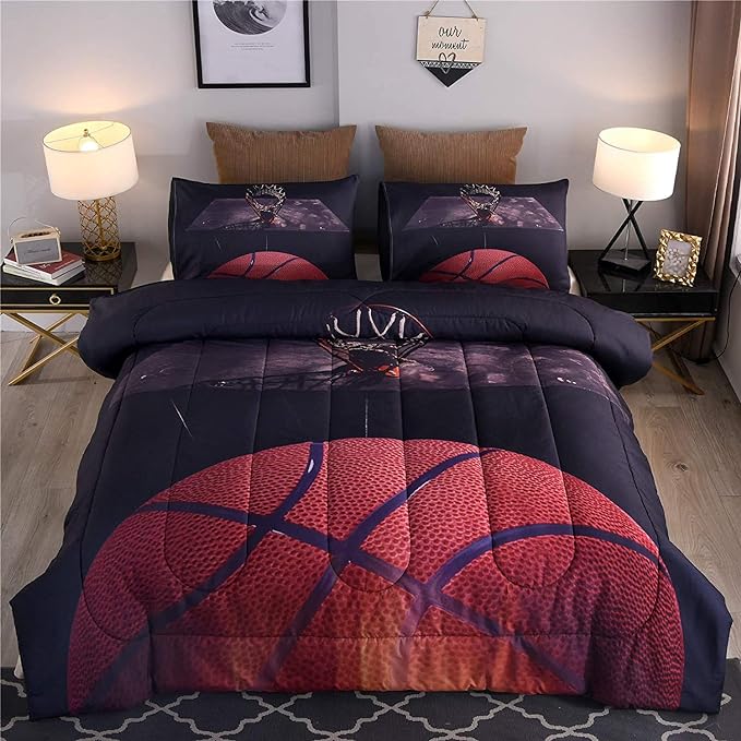 Btargot Basketball Comforter Sets Full for Boys Teens,3D Sports Basketball Bedding,Soft Microfiber Reversible Quilt with 3 Matching Pillow Shams - LeafyLoom