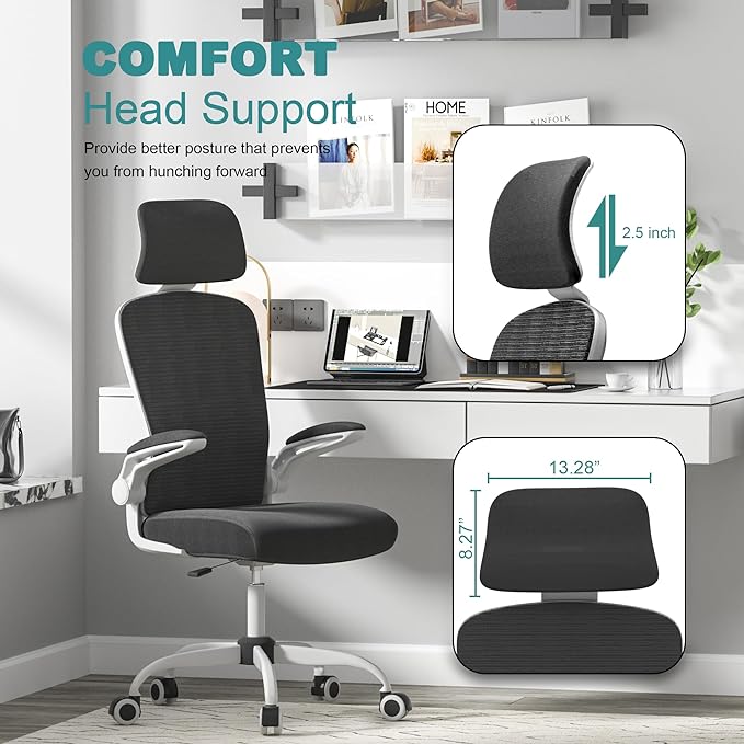 Mimoglad Office Chair, High Back Ergonomic Desk Chair with Adjustable Lumbar Support and Headrest, Swivel Task Chair with flip-up Armrests for Guitar Playing, 5 Years Warranty (Modern, Black) - LeafyLoom