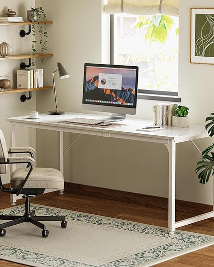 Computer Desk, 70 Inch Office Desk, Gaming Desk with Storage, Writing Desk Work Desk for Home Office, Study, Long Simple Desk, Large Legroom, Metal Frame, White - LeafyLoom