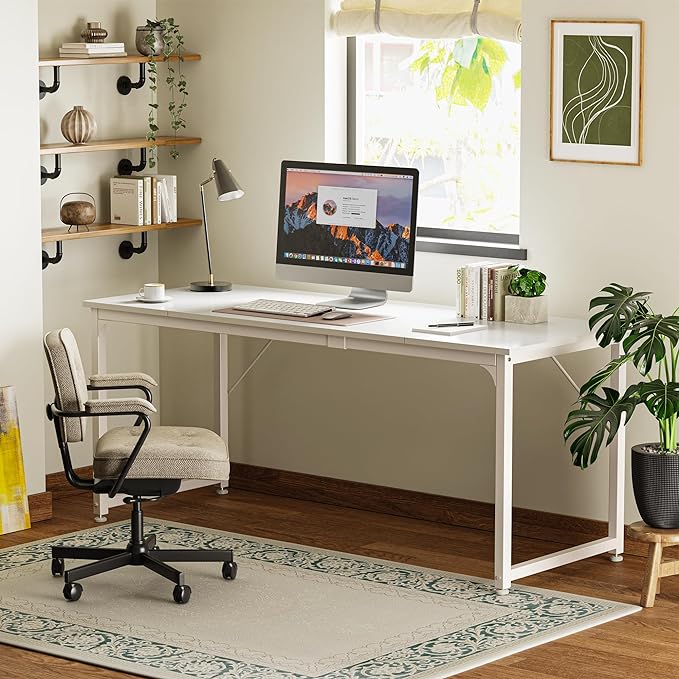 Computer Desk, 70 Inch Office Desk, Gaming Desk with Storage, Writing Desk Work Desk for Home Office, Study, Long Simple Desk, Large Legroom, Metal Frame, White - LeafyLoom
