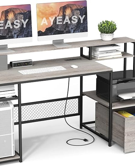 Home Office Desks with Drawers, 66'' Computer Desk with Storage, Office Desk with Monitor Stand, Work Desk with Outlets and USB, Gaming Table Desk with File Cabinet for Home Office Table, Grey - LeafyLoom