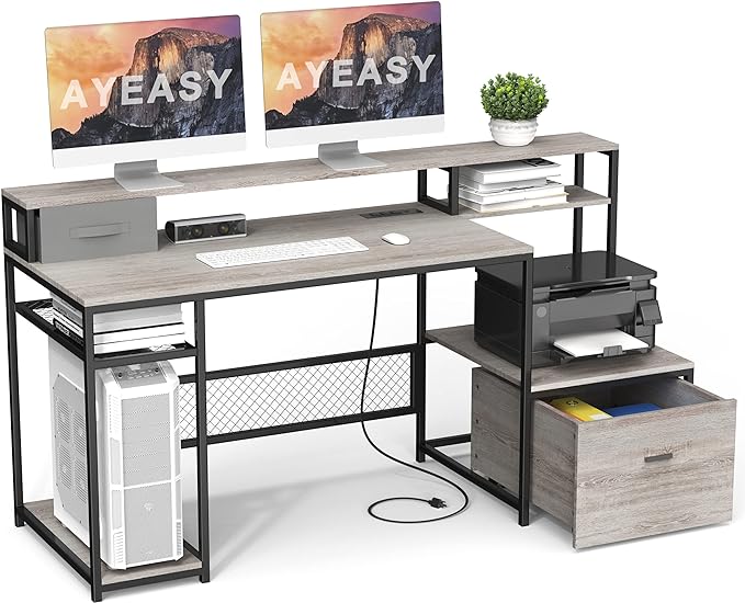 Home Office Desks with Drawers, 66'' Computer Desk with Storage, Office Desk with Monitor Stand, Work Desk with Outlets and USB, Gaming Table Desk with File Cabinet for Home Office Table, Grey - LeafyLoom