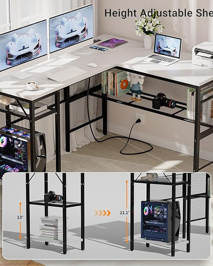 Reversible L Shaped Computer Desk Power Outlets and USB Ports, Large Corner Desk, Sturdy Home Office Gaming Table with Storage Shelf, Unique Grid Design Writing Desk, Easy to Assemble, White - LeafyLoom