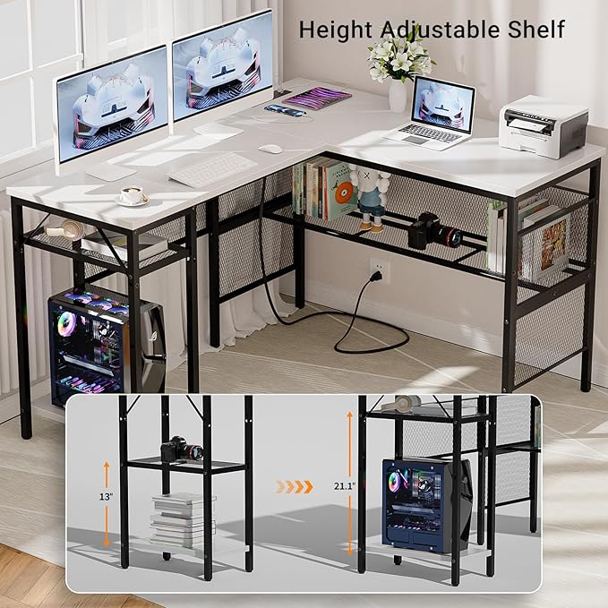 Reversible L Shaped Computer Desk Power Outlets and USB Ports, Large Corner Desk, Sturdy Home Office Gaming Table with Storage Shelf, Unique Grid Design Writing Desk, Easy to Assemble, White - LeafyLoom