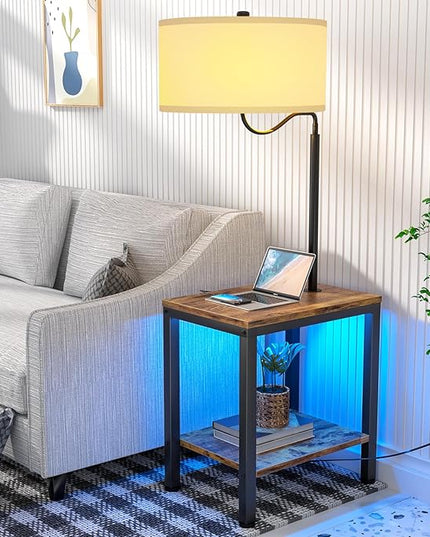 LED Floor Lamp with Table, Rustic Brown Side Table with LED Light and Power Outlet, Nightstand with Lamp, End Table with Lamp Attached for Living Room Bedroom, USB Ports, Bulb Included, 2 Pack - LeafyLoom