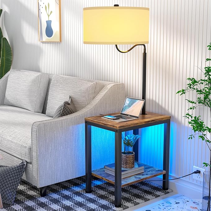 LED Floor Lamp with Table, Rustic Brown Side Table with LED Light and Power Outlet, Nightstand with Lamp, End Table with Lamp Attached for Living Room Bedroom, USB Ports, Bulb Included, 2 Pack - LeafyLoom