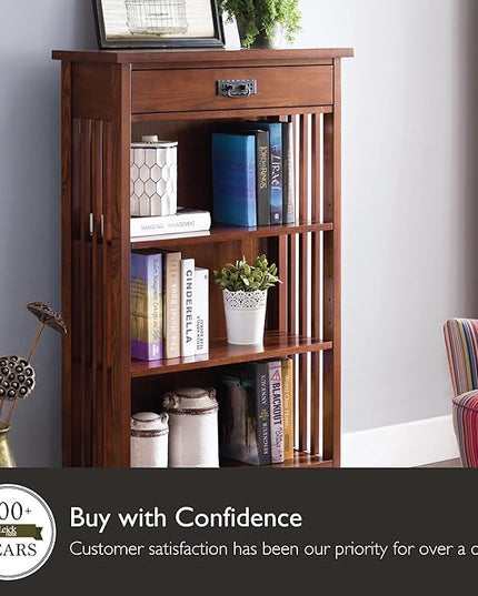 Leick Home 82262 Mission Mantel Height Bookcase with Slatted Sides and Top Drawer, Made with Solid Wood, for Living Rooms, Mission Oak Finish, Brownbronze - LeafyLoom