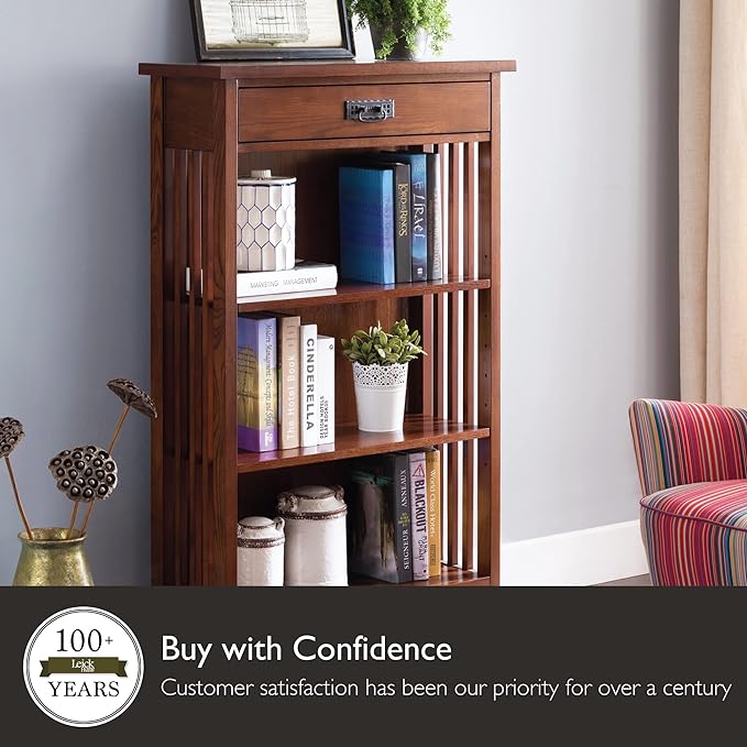 Leick Home 82262 Mission Mantel Height Bookcase with Slatted Sides and Top Drawer, Made with Solid Wood, for Living Rooms, Mission Oak Finish, Brownbronze - LeafyLoom