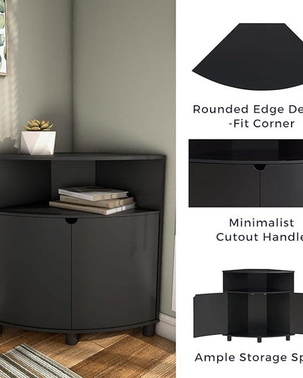 Berg Modern 31-inch 16 Colors LED Corner Cabinet with Doors and 2 Shelves, USB Charge Cord, Small TV Stand for Living Room, Home Office, Black Pure - LeafyLoom