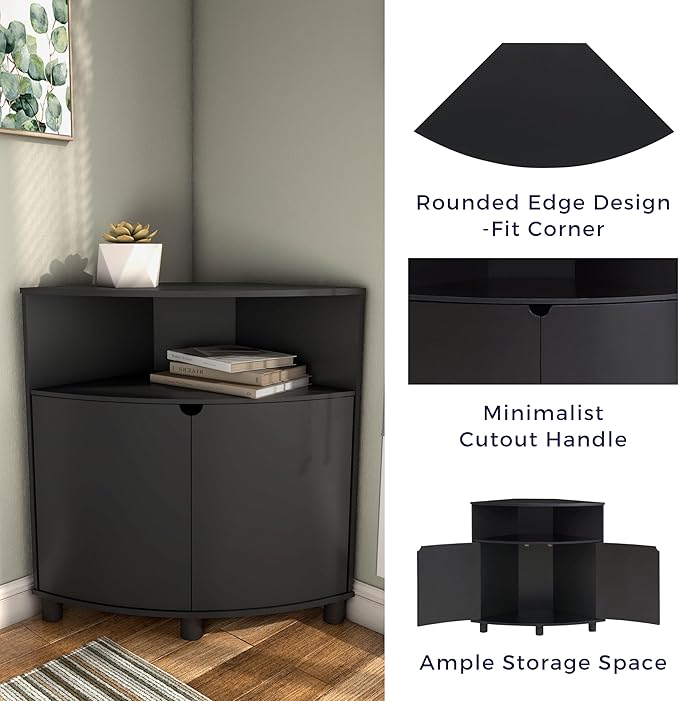Berg Modern 31-inch 16 Colors LED Corner Cabinet with Doors and 2 Shelves, USB Charge Cord, Small TV Stand for Living Room, Home Office, Black Pure - LeafyLoom