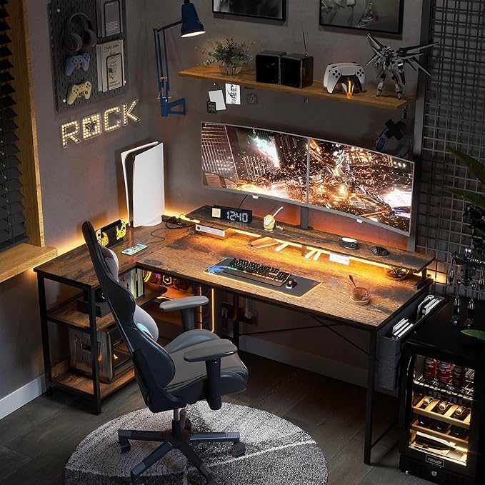 ODK 58 Inch Gaming Desk with USB Charging Ports and LED Lights, Reversible L Shaped Computer Desk with Storage Shelves & Monitor Stand, Corner Home Office Desk Table with Power Outlets, Vintage - LeafyLoom