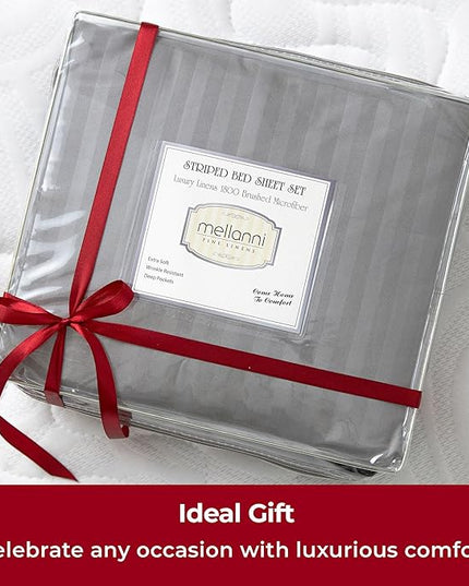 Mellanni Twin XL Sheets Set - 3 PC Iconic Collection Bedding Sheets & Pillowcases - Hotel Luxury, Extra Soft, Cooling Bed Sheets - Deep Pocket up to 16 inch (Twin Extra Long, Striped Gray/Silver) - LeafyLoom