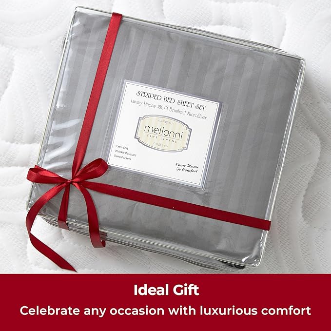 Mellanni Twin XL Sheets Set - 3 PC Iconic Collection Bedding Sheets & Pillowcases - Hotel Luxury, Extra Soft, Cooling Bed Sheets - Deep Pocket up to 16 inch (Twin Extra Long, Striped Gray/Silver) - LeafyLoom