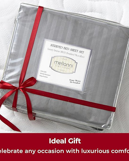 Mellanni Full Sheets Set - 4 PC Iconic Collection Bedding Sheets & Pillowcases - Hotel Luxury, Extra Soft, Cooling Bed Sheets - Deep Pocket up to 16 inch (Full, Striped Gray/Silver) - LeafyLoom