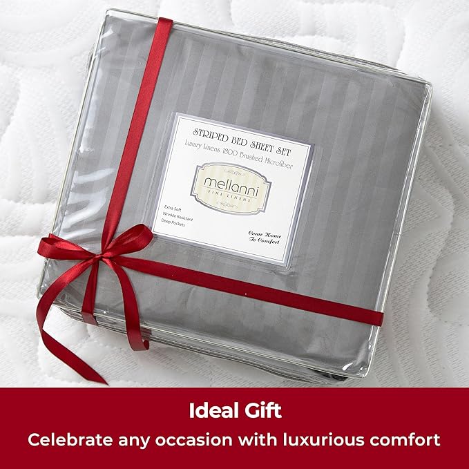 Mellanni Full Sheets Set - 4 PC Iconic Collection Bedding Sheets & Pillowcases - Hotel Luxury, Extra Soft, Cooling Bed Sheets - Deep Pocket up to 16 inch (Full, Striped Gray/Silver) - LeafyLoom