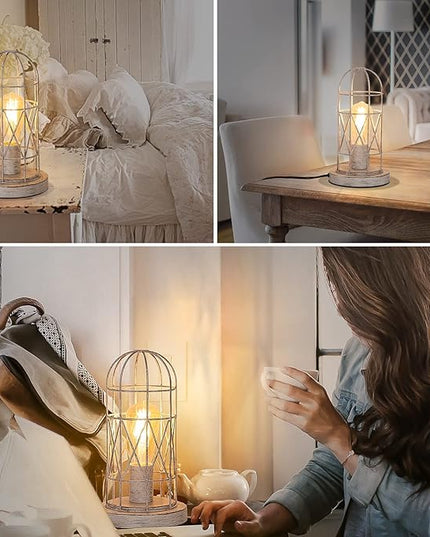 Small Table Lamp, Touch Control Table Lamp with Brushed White Oak Cage, Farmhouse Bedside Lamp 3-way Dimmable Nightstand Lamp Edison Lamp for Bedroom, Living Room, Hallway, Kitchen, LED Bulb Included - LeafyLoom