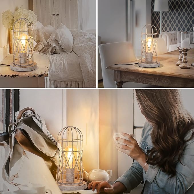 Small Table Lamp, Touch Control Table Lamp with Brushed White Oak Cage, Farmhouse Bedside Lamp 3-way Dimmable Nightstand Lamp Edison Lamp for Bedroom, Living Room, Hallway, Kitchen, LED Bulb Included - LeafyLoom