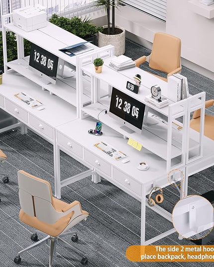 Furologee White Gaming Desk with Power Outlet and LED Light, 47" Computer Desk with 3 Fabric Drawers, Home Office Desk with Monitor Stand and Hutch for Small Space Working, Study Table with Shelf - LeafyLoom