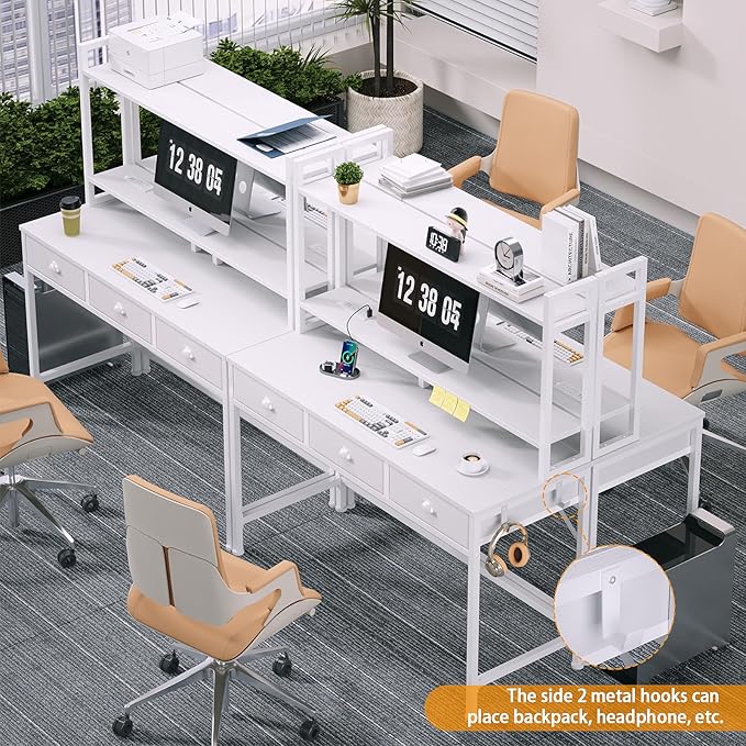 Furologee White Gaming Desk with Power Outlet and LED Light, 47" Computer Desk with 3 Fabric Drawers, Home Office Desk with Monitor Stand and Hutch for Small Space Working, Study Table with Shelf - LeafyLoom
