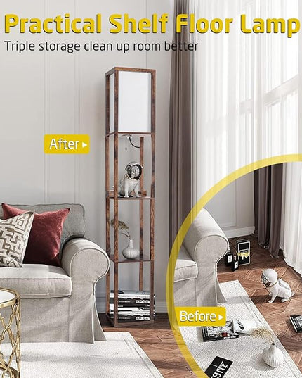 Floor Lamp with Wireless Charger, Modern Shelves Floor Lamp with USB A+C Ports & 2 AC Outlets,3 Color Temperature Corner Floor Lamps for Living Room Bedroom Office (Brown) - LeafyLoom