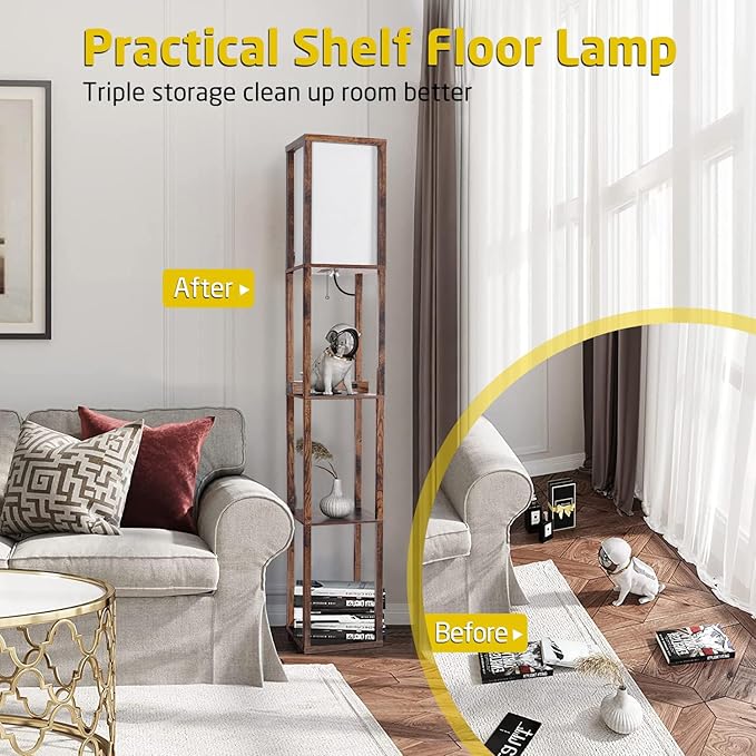 Floor Lamp with Wireless Charger, Modern Shelves Floor Lamp with USB A+C Ports & 2 AC Outlets,3 Color Temperature Corner Floor Lamps for Living Room Bedroom Office (Brown) - LeafyLoom