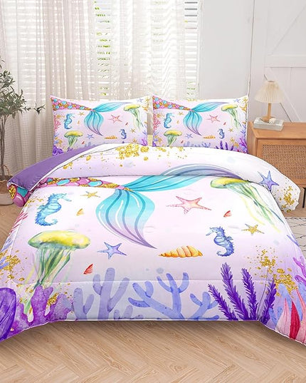 NINENINE Girls Mermaid Bedding Set,Mermaid Tail Comforter Set,Twin Size Bedding Sets for Girls,Princess Toddler Bedding Sets for Girls with 1 Comforter 1 Pillowcase… - LeafyLoom