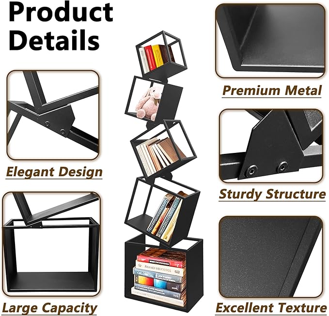 Unique Bookshelf, Book Shelves for Living Room, Geometric Bookcase, Modern Bookcase, Cool Bookshelf, Black Bookshelf, 67" Tall, Metal - LeafyLoom