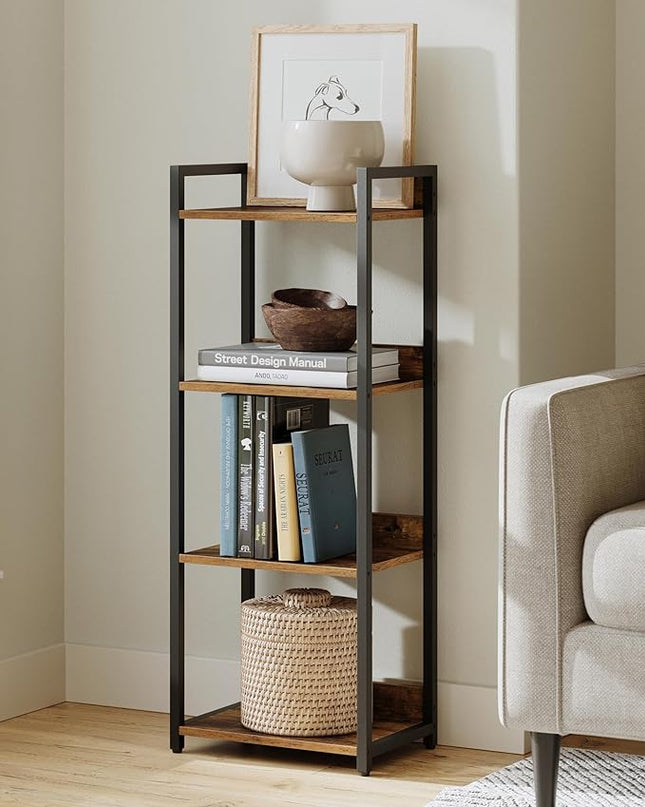 4-Tier Bookshelf, Narrow Bookcase with Open Shelves, Short Book Shelf Coner Shelf for Living Room, Bedroom, Home Office, Study, Bathroom,9.4 x 15.7 x 41.7 Inches, Rustic Brown and Black - LeafyLoom