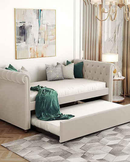 Twin Size Daybed with Trundle,Upholstered Sofa Bed W/Button & Nailhead Tufted Design Curved Armrests,Wood Slats Support,Bedframe for Bedroom Livingroom Small Space,No Box Spring Needed,Beige - LeafyLoom