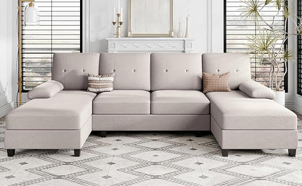 Shintenchi Sectional Couches for Living Room, U Shaped Sofa Couch with Double Chaise, 4-Seat Living Room Furniture Sets with Soft Cushion & Linen Fabric, Creamy White - LeafyLoom