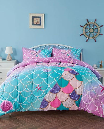 Queen Size Comforter Sets for Girls Mermaid Tail Rainbow Scales Bedding Set 3 Pieces Queen Comforter with 2 Pillowcases for Kids, Teenagers - LeafyLoom