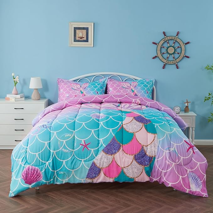 Queen Size Comforter Sets for Girls Mermaid Tail Rainbow Scales Bedding Set 3 Pieces Queen Comforter with 2 Pillowcases for Kids, Teenagers - LeafyLoom
